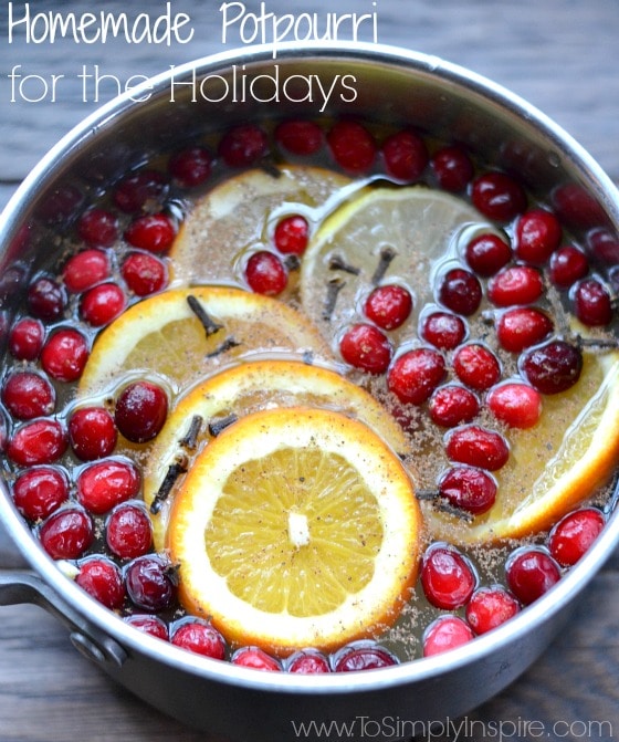 This homemade potpourri for the holidays is full of favorite scents of the season.  Simply simmering cloves, cinnamon and citrus fruits on low will fill your home with comfort.