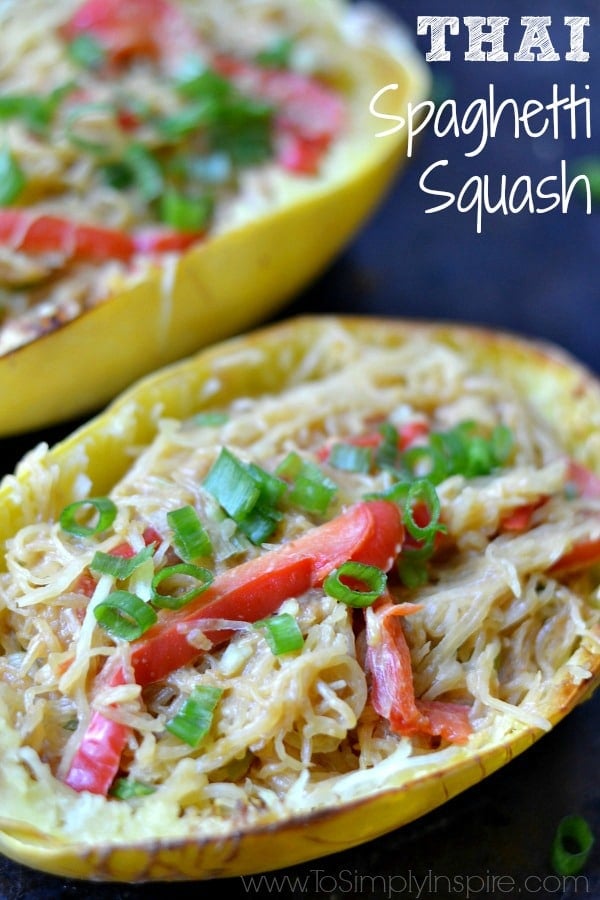 Healthy, low carb Thai Spaghetti Squash is flavor packed with a spectacular peanut sauce and topped with scallions. Perfect lunch or dinner to make ahead.