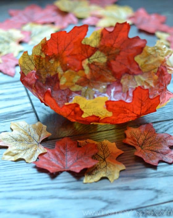 overhead of DIY Fall leaf bowl with leaves scattered around