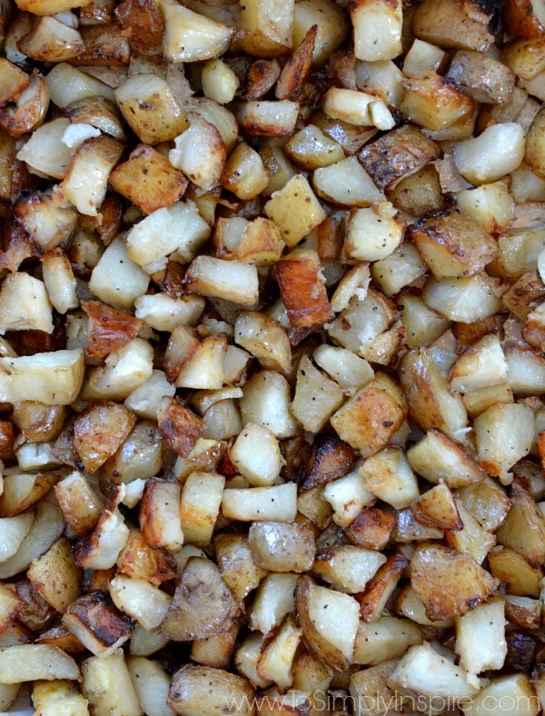 a closeup of diced roasted potatoes