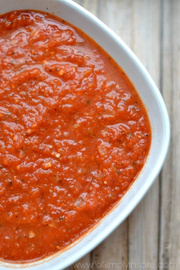A close up of a bowl homemade marinara sauce