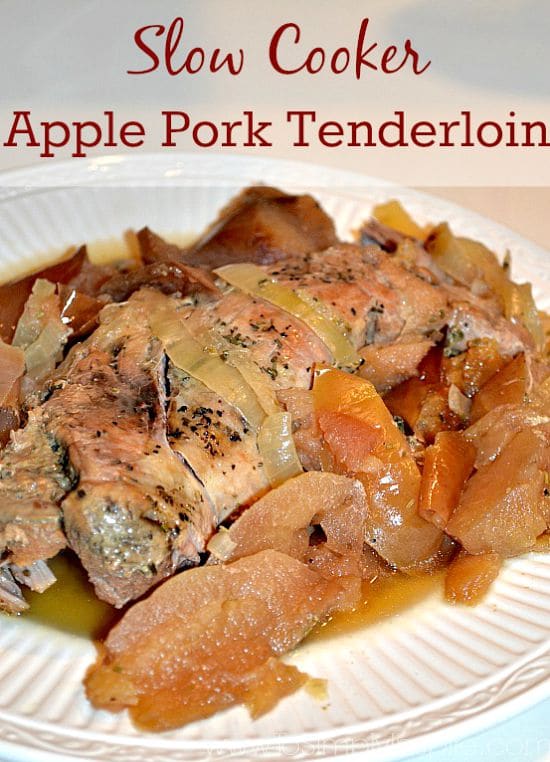 a white bowl with a pork tenderloin topped with cooked apples and onions