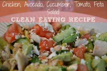 closeup of chicken, tomato, avocado and cucumber salad