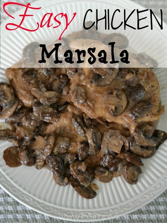 A closeup of a plate of chicken topped with cooked mushrooms with text overlay chicken marsala