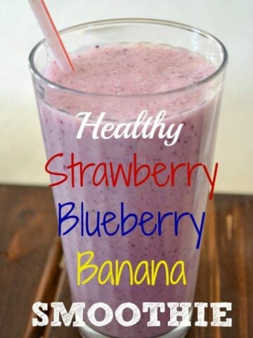 a strawberry banana smoothie in a glass with text overlay