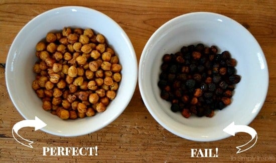 two bowls of Roasted Chickpeas. One cooked, one burnt.