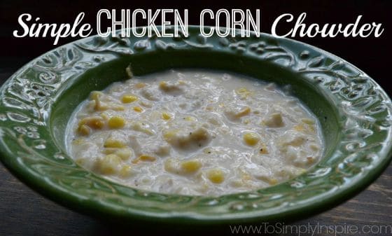 closeup of chicken corn chowder in a green bowl