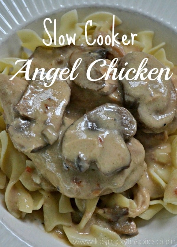 This creamy Slow Cooker Angel Chicken is simple mouthwatering yum. Serve over egg noodles for a delicious comfort food favorite. A plate of egg noodles topped with creamy Chicken and mushrooms