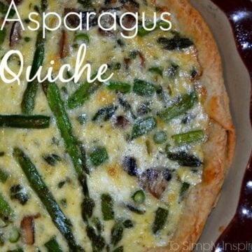 closeup of asparagus and mushroom quiche