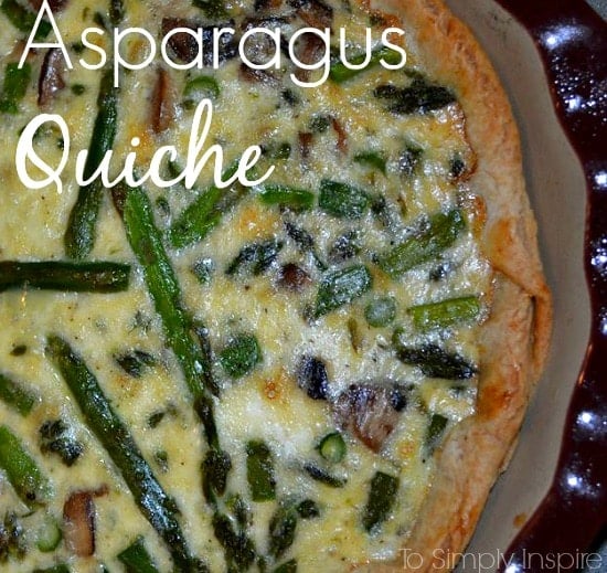 This easy Asparagus Quiche is a simple quiche with sautéed mushrooms and onions and a little cheese. It's perfect for breakfast or brunch! closeup of asparagus and mushroom quiche