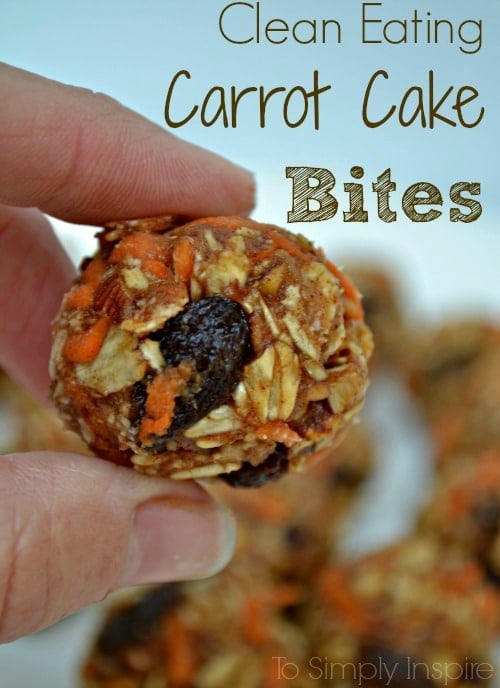 closeup of carrot cake bite with oatmeal, raisins, carrots and spices