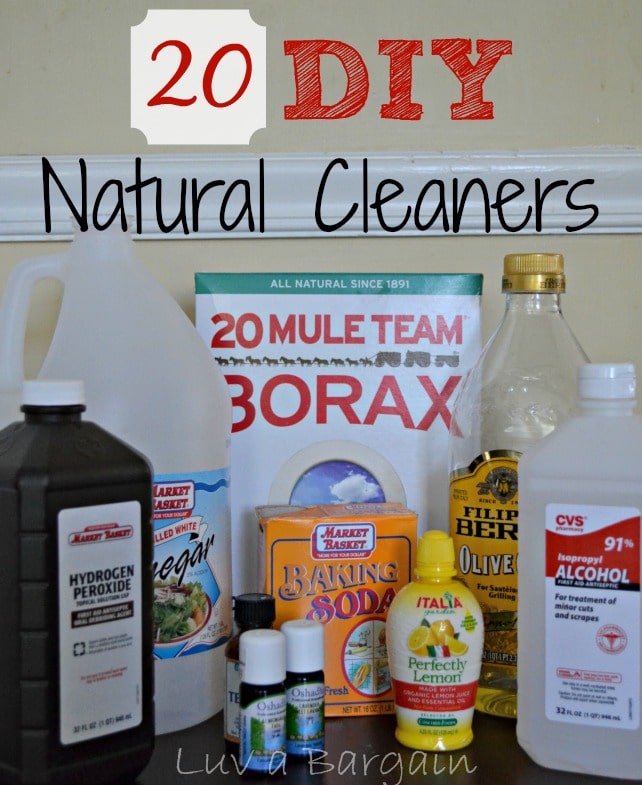 ingredients to make homemade natural cleaners. borax, white vinegar, alcohol, peroxide, lemon juice, baking soda