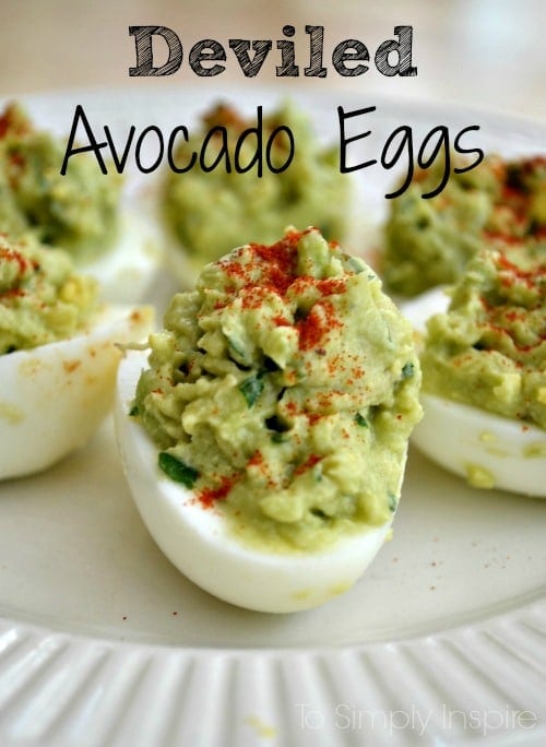 closeup of a plate of avocado deviled eggs