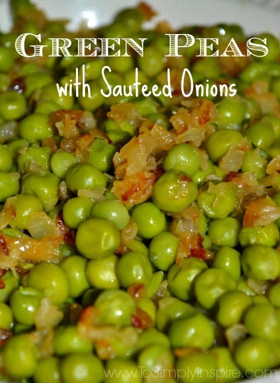 Green Peas with Sauteed Onions recipe in a white bowl 