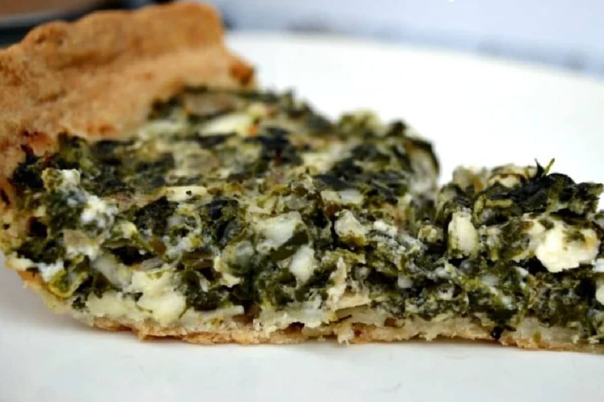 closeup of a slice of spinach pie