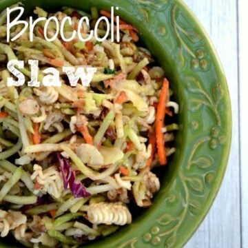 A green bowlful f broccoli slaw