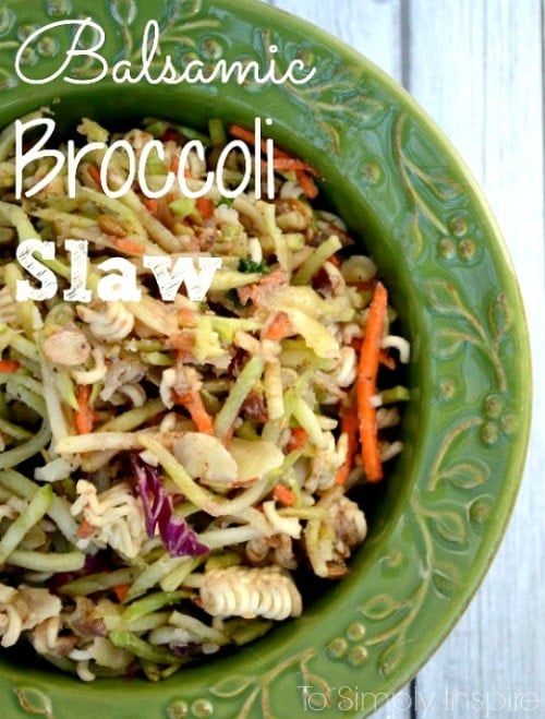 Balsamic Broccoli Slaw recipe served in a green bowl with tex overlay \"Balsamic Broccoli Slaw\".
