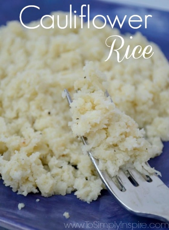 closeup of Cauliflower rice on a fork