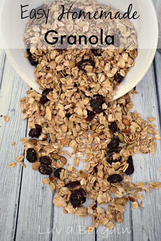 Easy Homemade Granola homemade granola with raisins in a white bowl