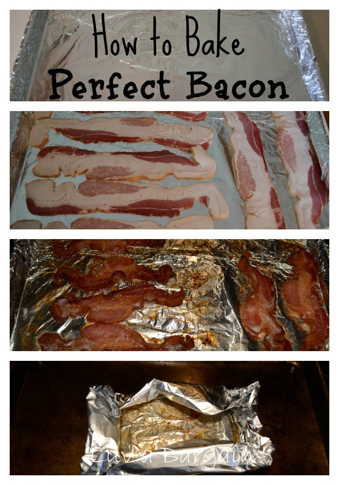 bacon being cooked on a aluminum foil lined cookie sheet