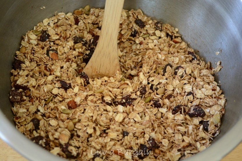 oatmeal, raisins and nuts mixed together in a big bowl