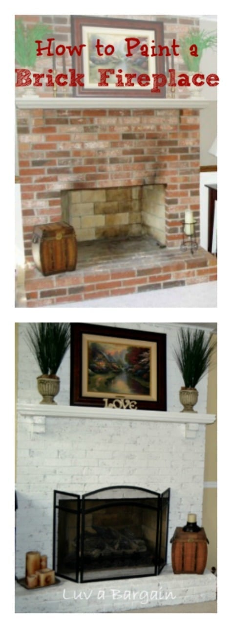 before and after of a red brick fireplace painted white