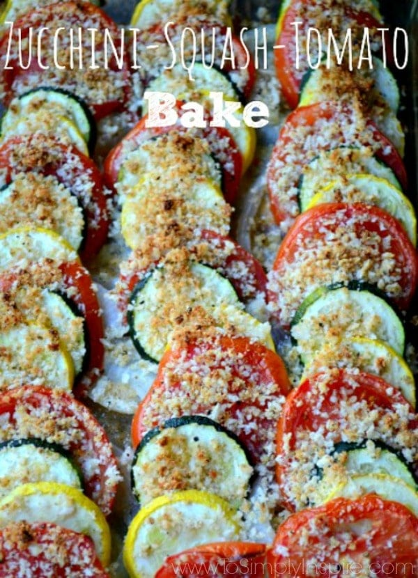 closeup of slices of zucchini, yellow squash and tomato lined up and coved with breadcrumbs