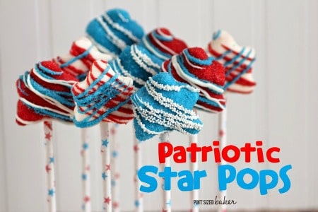 a group of  Red white and blue marshmallow stars on white sticks