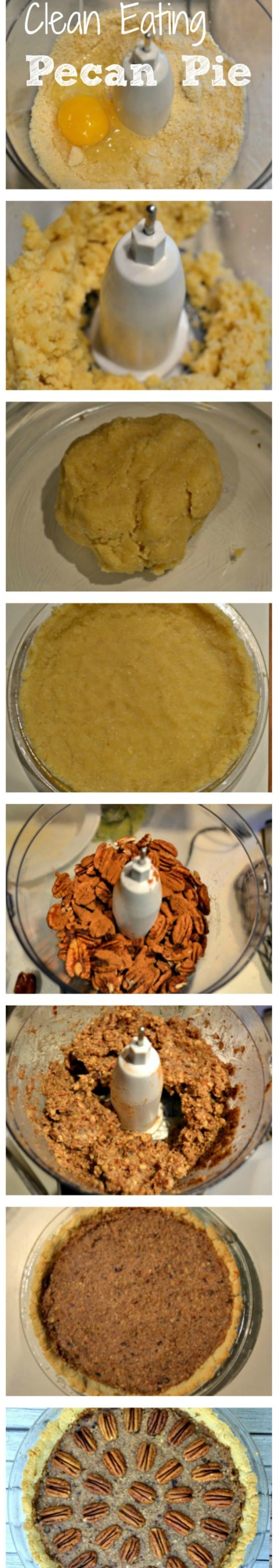 several bowls with ingredients and steps making a healthy pecan Pie