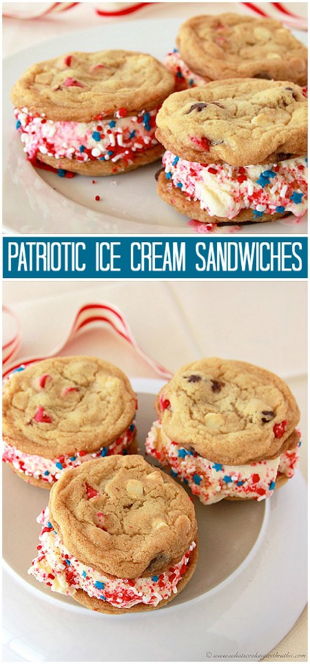 three chocolate chip ice cream sandwiches with patriotic sprinkles 