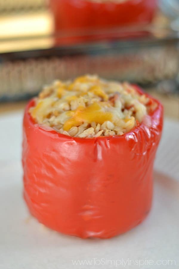 red pepper stuffed with a mixture of brown rice, ground turkey and spices