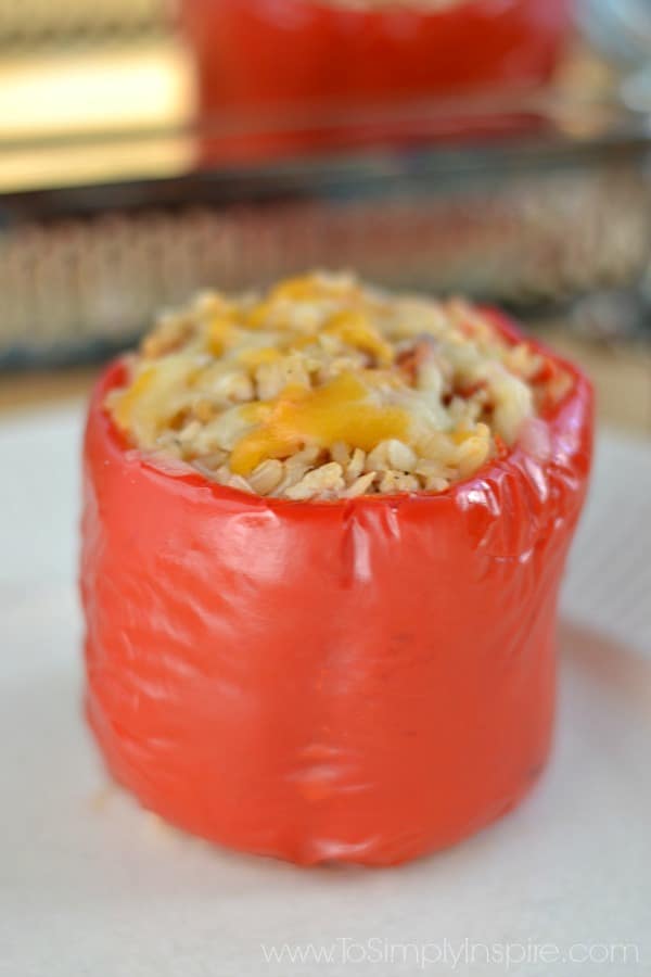 red pepper stuffed with a mixture of brown rice, ground turkey and spices