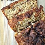 cinnamon bread with two slices cut with text overlay