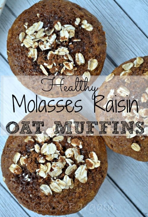 three molasses muffins on a grey wood table with text overlay