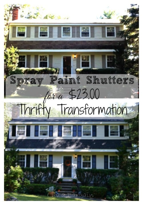 a tan house with black shutters and a tan house with brown shutters.