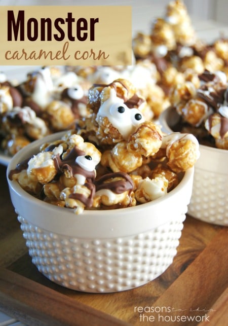 closeup of a bowl of caramel corn halloween treats 