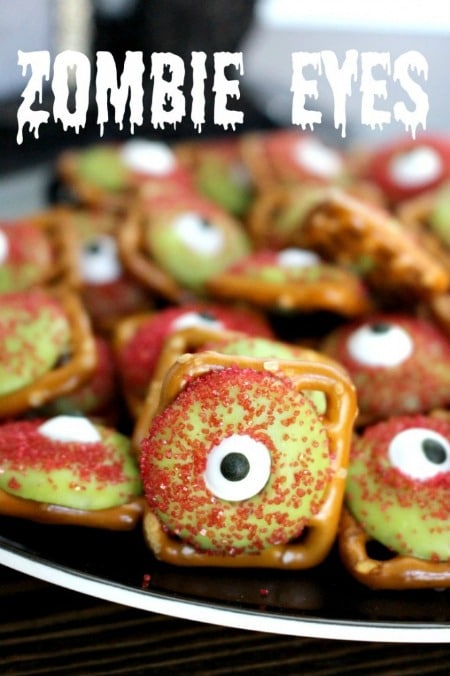 A close up halloween zombie eyes on pretzels treats