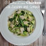 a white plate with sliced zucchini and chicken