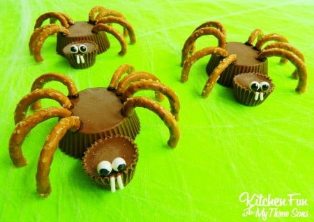 halloween treats - spiders made with reeses cups and pretzels for legs