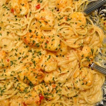 Bang Bang Shrimp Pasta recipe in a silver serving bowl