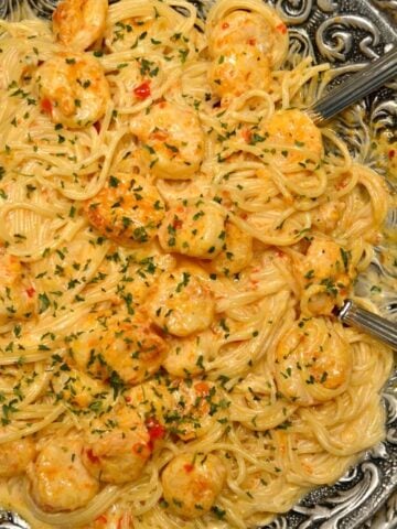 Bang Bang Shrimp Pasta recipe in a silver serving bowl