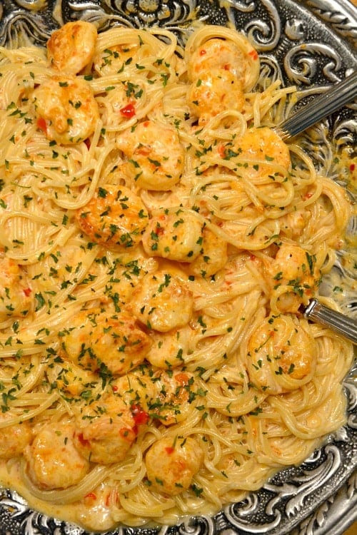 Bang Bang Shrimp Pasta recipe in a silver serving bowl 