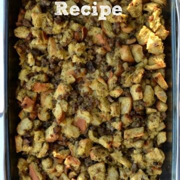 a baking dish full of sausage stuffing