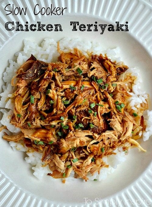 overhead picture of Shredded chicken teriyaki over white rice in a white bowl with text overlay