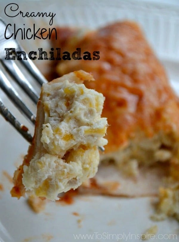 closeup of Chicken Enchiladas bite on a fork