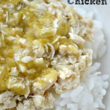 closeup of salsa verde chicken over white rice