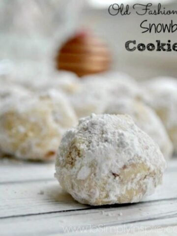 closeup of a snowball cookie covered in powdered sugar