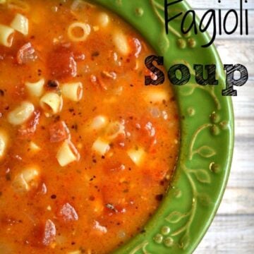 green bowlful of pasta fagioli soup with ditalini pasta