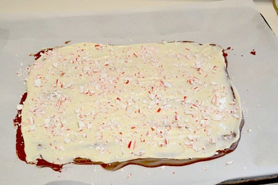 Peppermint Bark being prepared on a cookie sheet