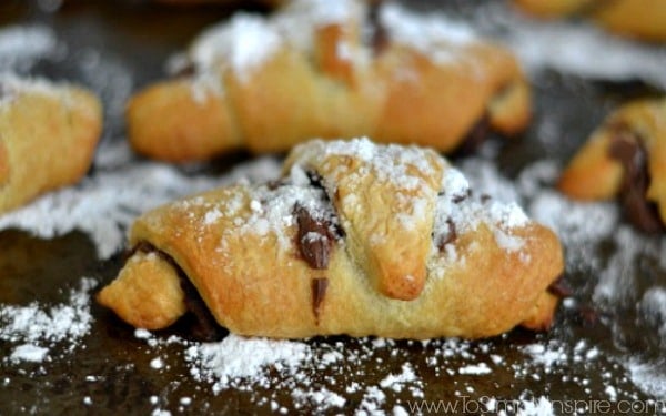 Closeup of Nutella Crescent Rolls recipe sprinkled with powdered sugar